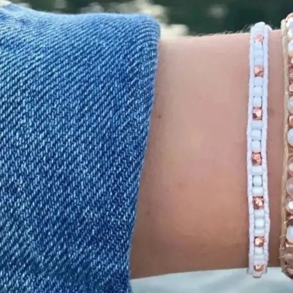 Rose and White Boho Bead Bracelet - Adjustable Length - Lotus and Luna