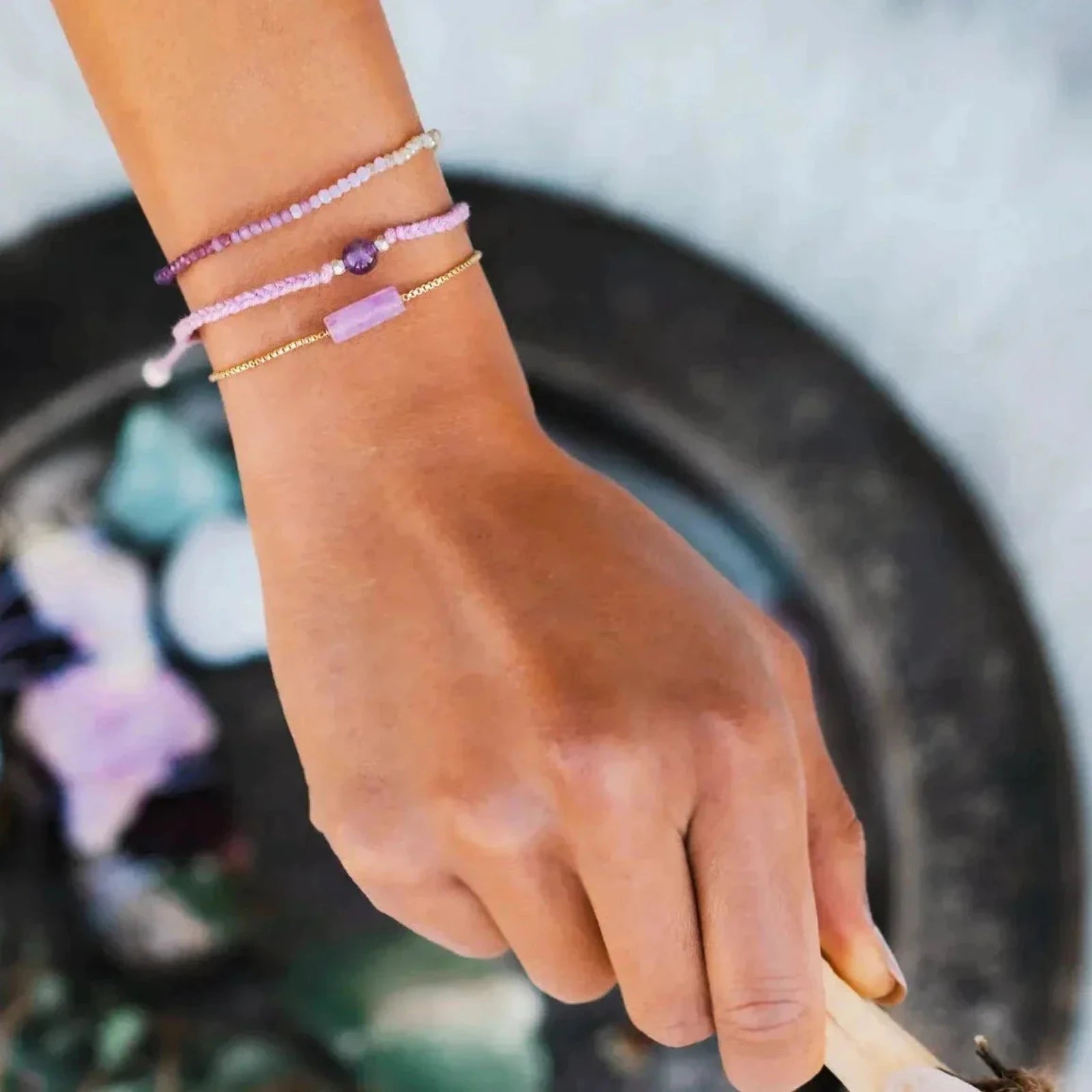 Pink and Purple Boho Bead Bracelet worn as an intention bracelet