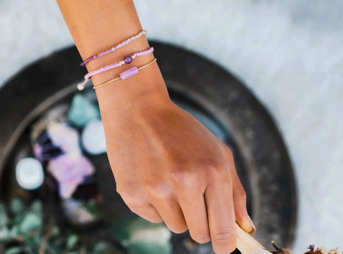 Pink & Purple Boho Bead Bracelet worn as an intention bracelet. 