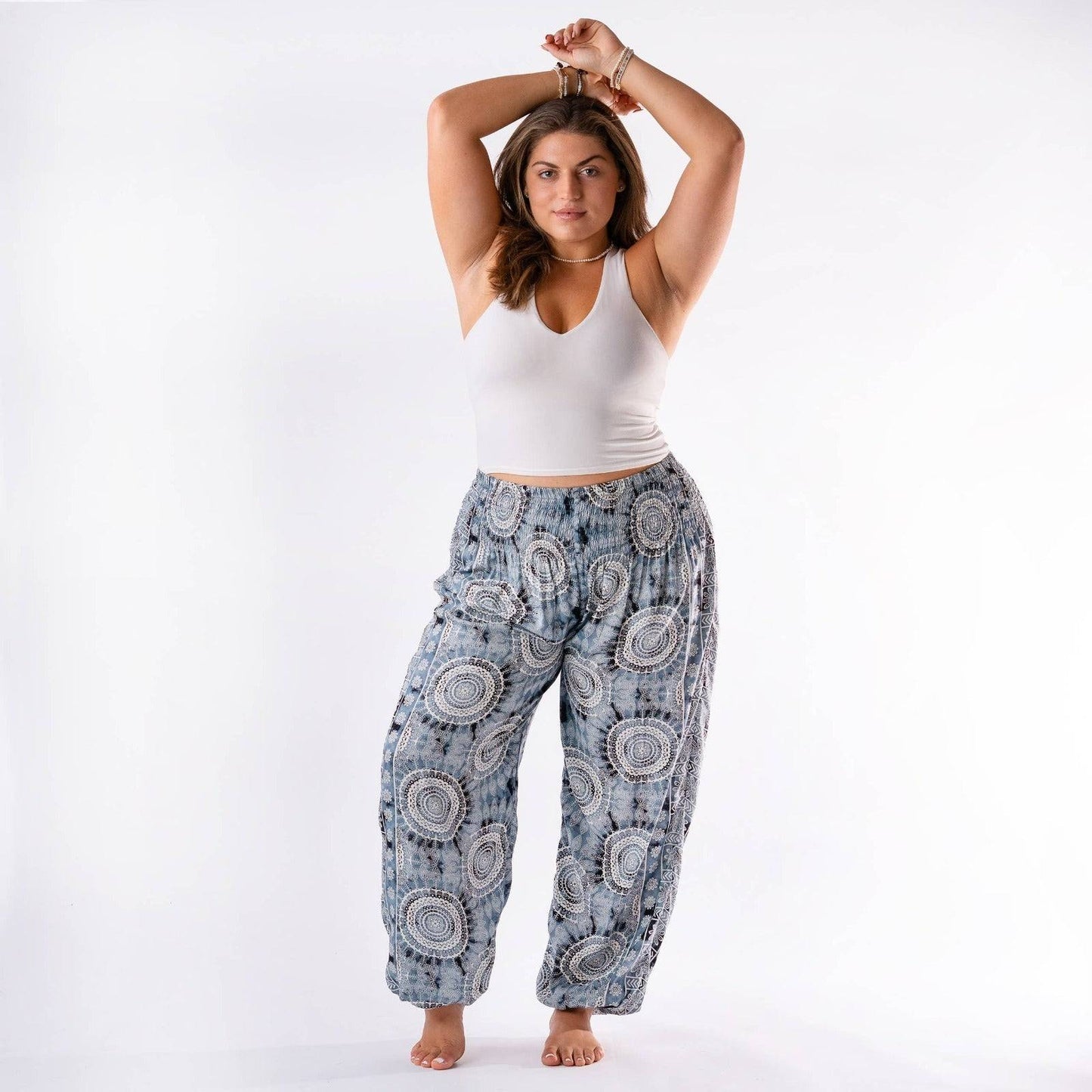santa barbara boho beach pants featuring a blue and gray watercolor mandala paisley pattern with pull-on waist and harem style leg