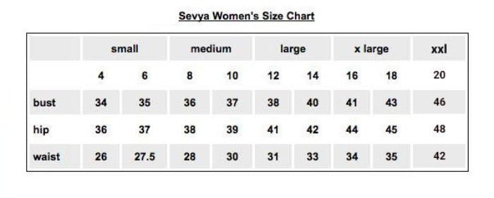 Sevya Womens Clothing Size Chart