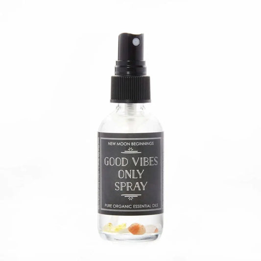 New Moon Beginnings - Good Vibes Only Aromatherapy Spray in glass bottle with crystals 