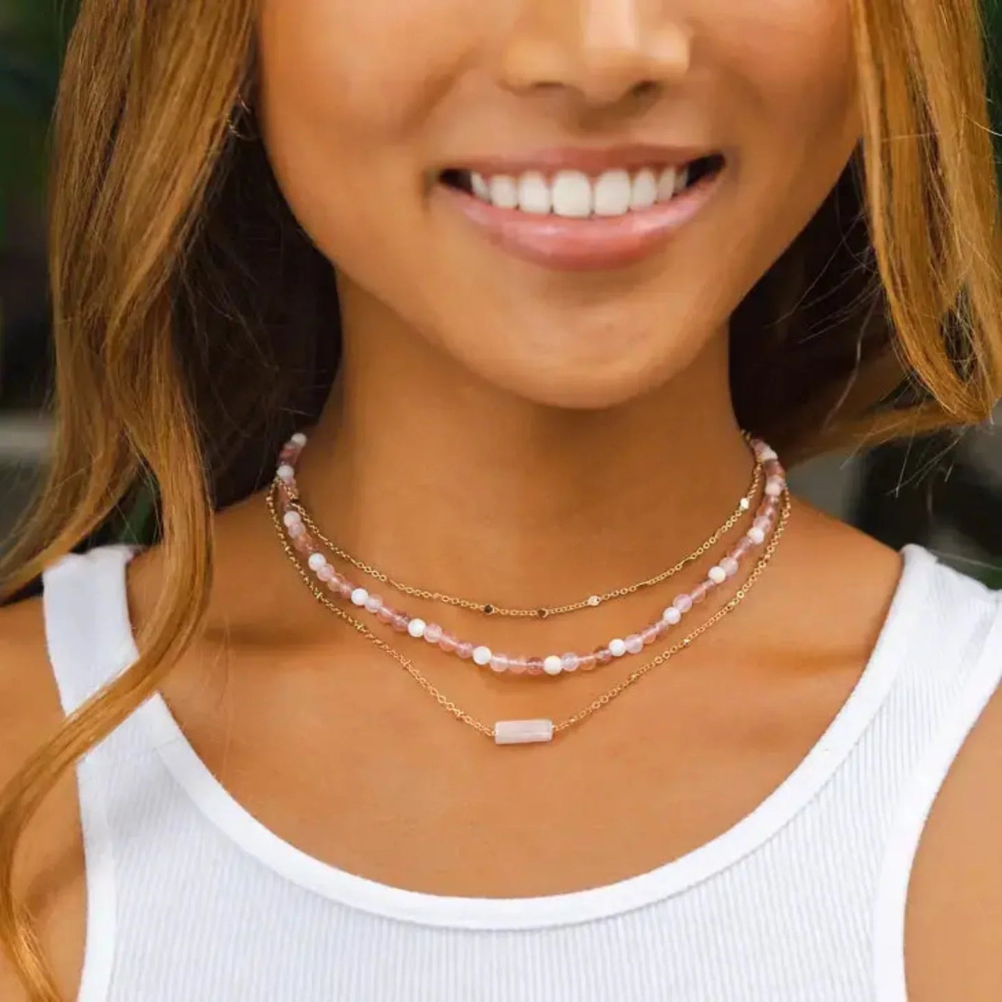 Real Rose Quartz & Strawberry Quartz Necklace worn stacked by LotusandLuna