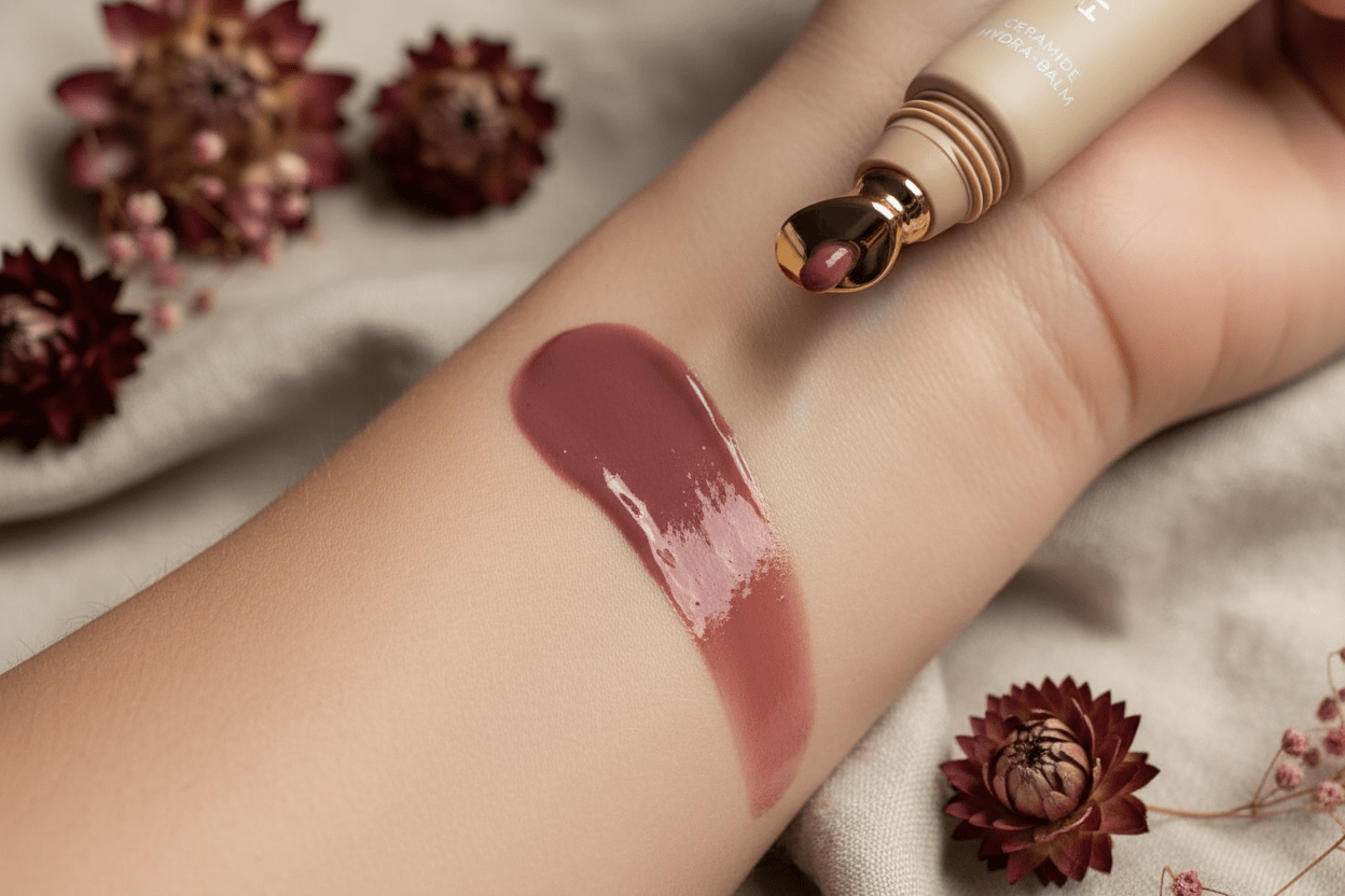 Color of the moment, a lip gloss swatch on an arm showing the rich plum shade and tube with gold tip applicator