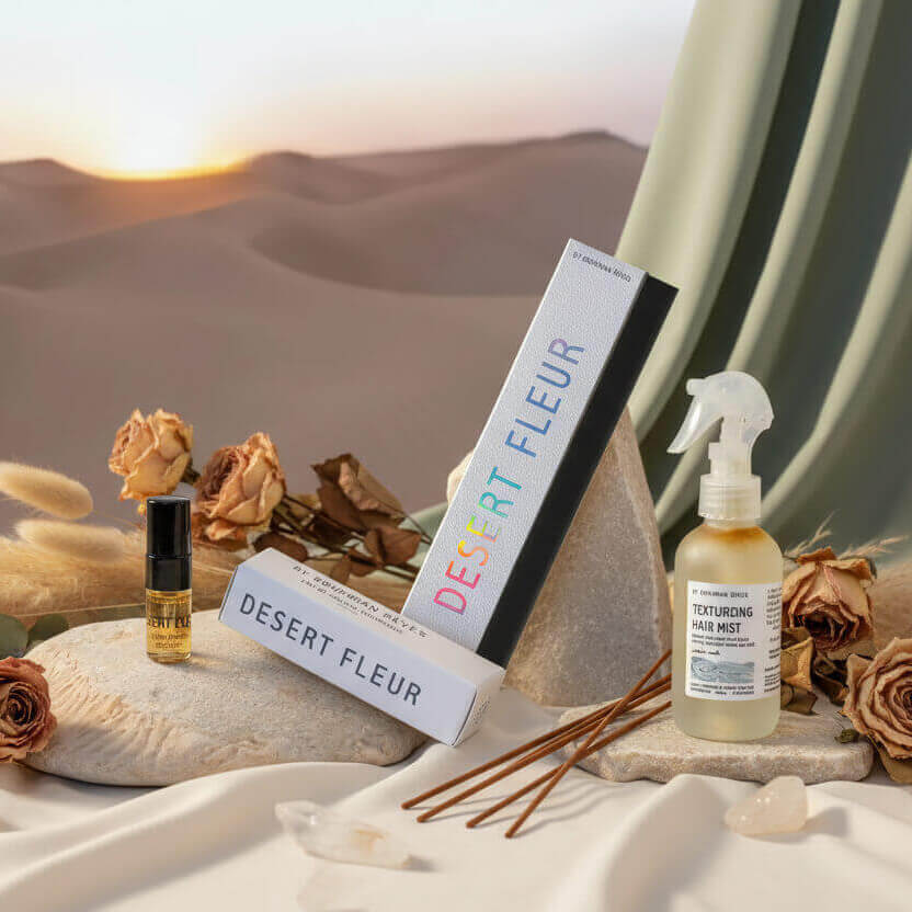 Bohemian Rêves Desert Fleur Perfume and botanical beauty collection featuring natural incense sticks and boho candles.
