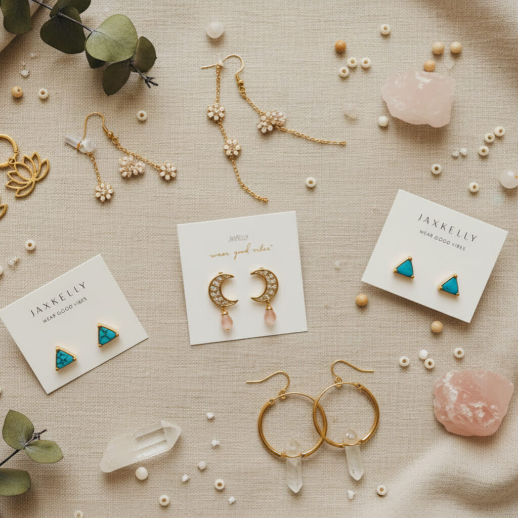 Boho earrings collection, shop handmade Gold stud earrings, turquoise earrings, gold hoop earrings at Elle and Willow
