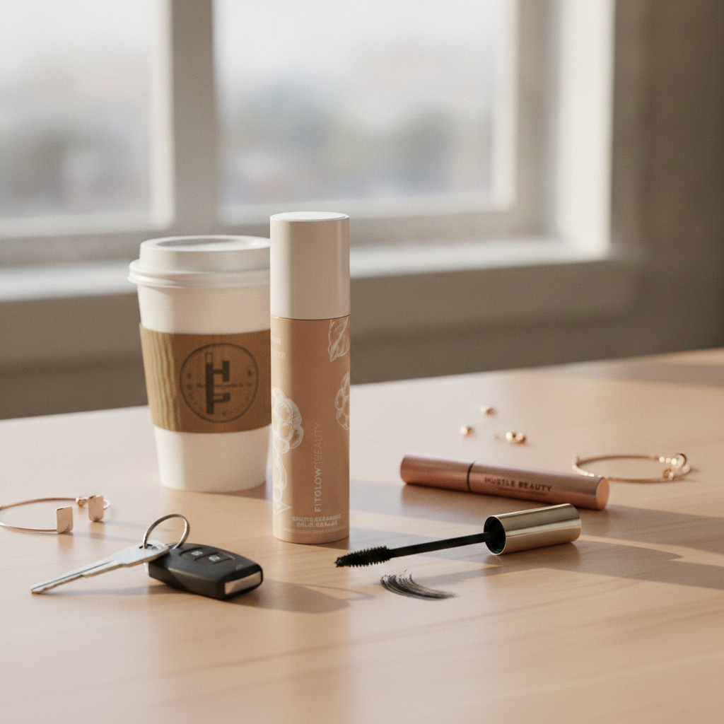 Fitglow Beauty Cloud Ceramide Gel Cleanser next to a mascara tube, car keys and to-go cofeee