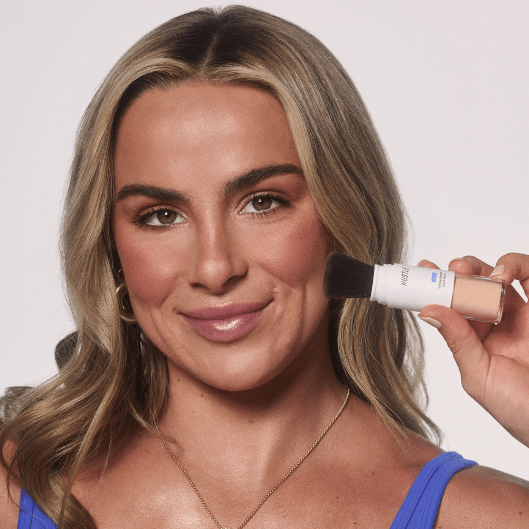 Cavindetwinapplying sweat-resistant foundation for active lifestyles.