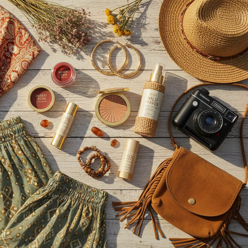 Bohemian music festival season essentials — clean beauty, flowy kimonos, and boho accessories in warm golden tones