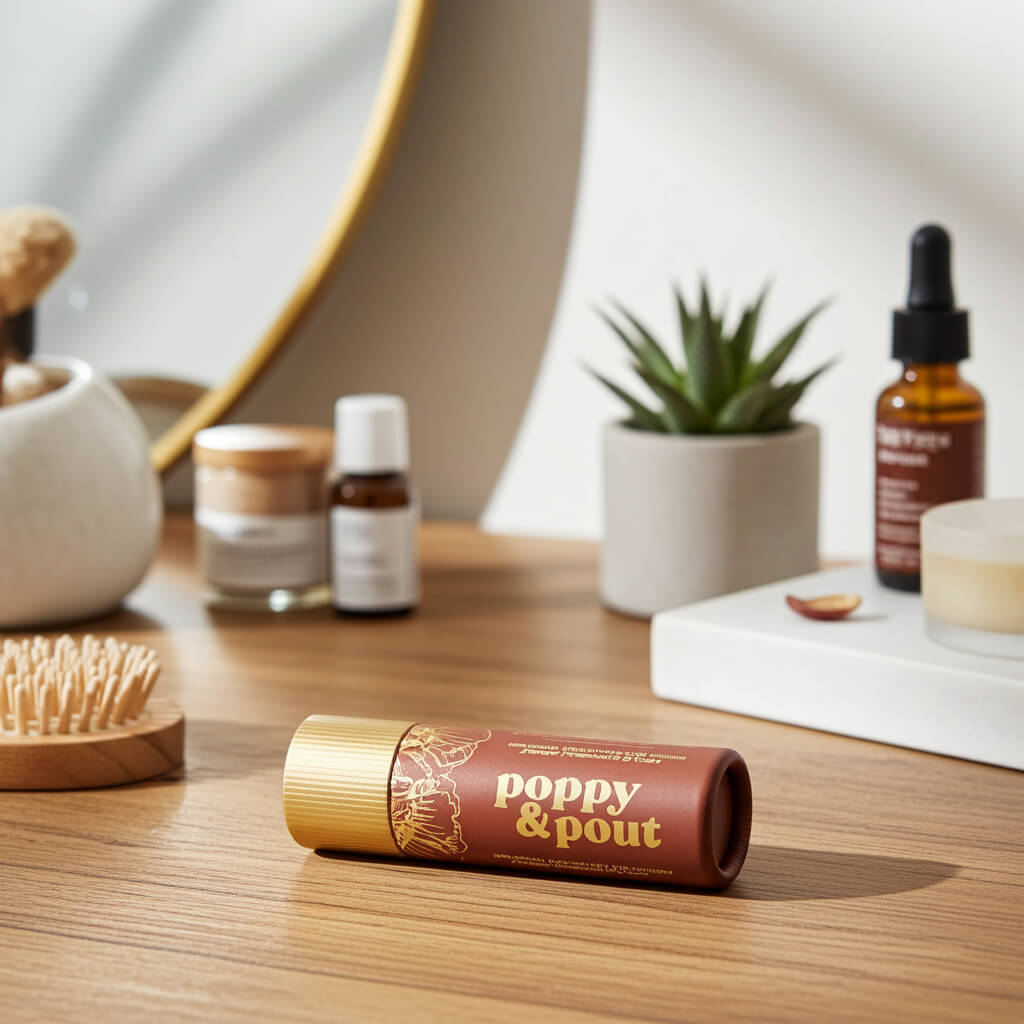 Poppy & Pout Lip Tint in Color Debbie - Dark Peach Tinted Natural Lip Balm - Clean Lip Makeup Collection at Elle and Willow