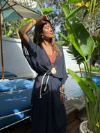 Indigo Blue Long Kimono Duster in breathable ramie cotton styled with a macrame belt, worn poolside for a relaxed boho-chic summer look.