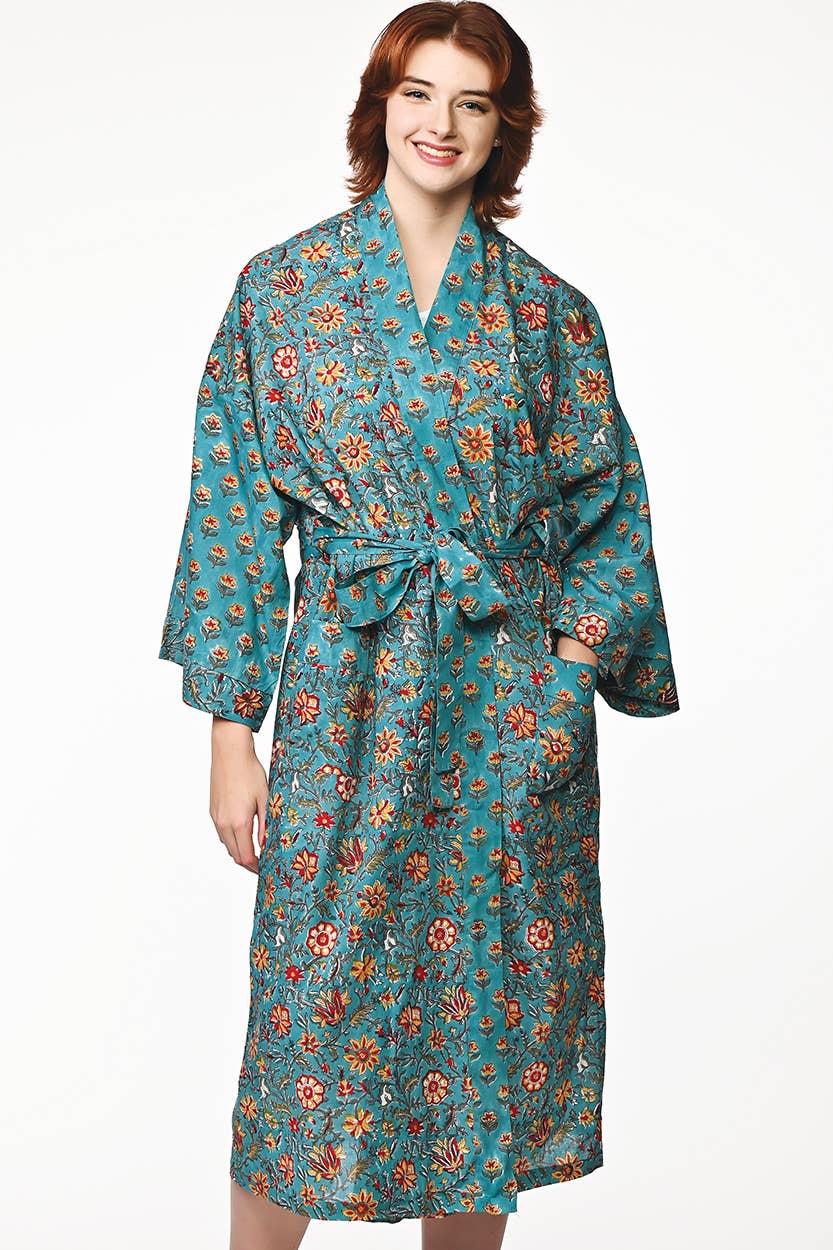 Sangita Block Print Kimono Robe - Turquoise & Gold with tie front belt and pockets