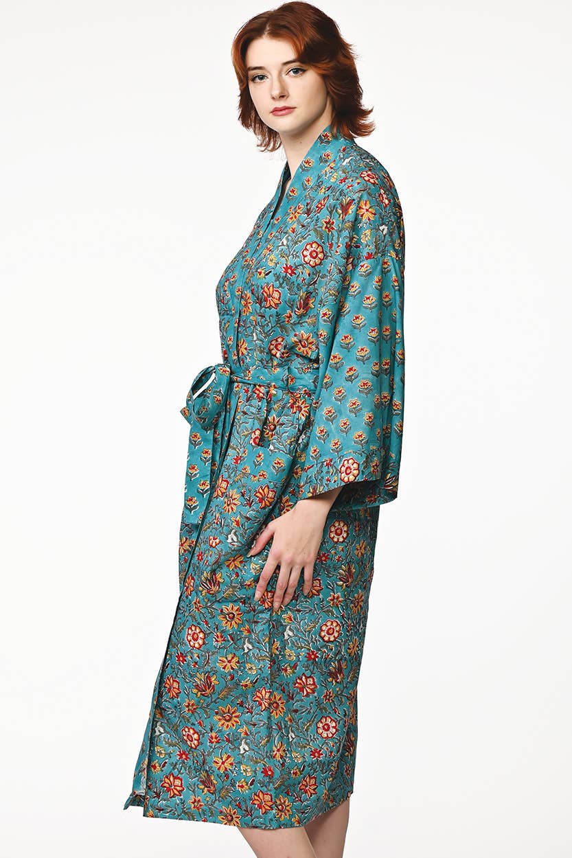 Sangita Block Print Kimono Robe - Turquoise & Gold - side view