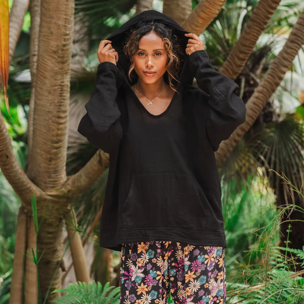 Black Cotton Lightweight Hoodie Pullover - front view with hood up