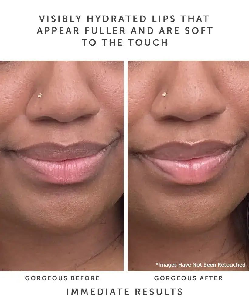 Before and after comparison of lips using Earth Harbor SEA KISS lip balm, showing visibly hydrated, fuller, and softer lips with immediate results.