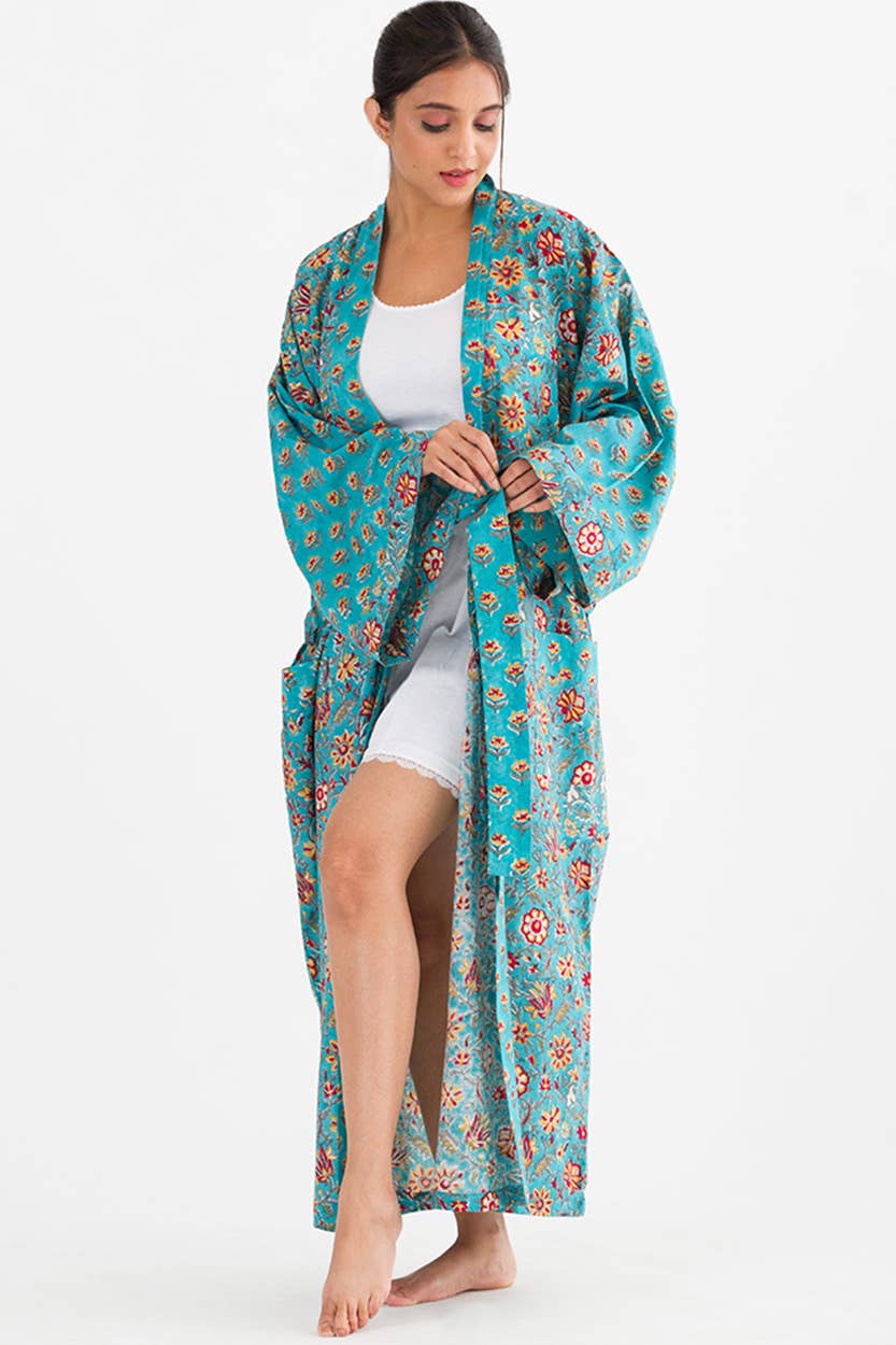 Sangita Block Print Kimono Robe - Turquoise & Gold