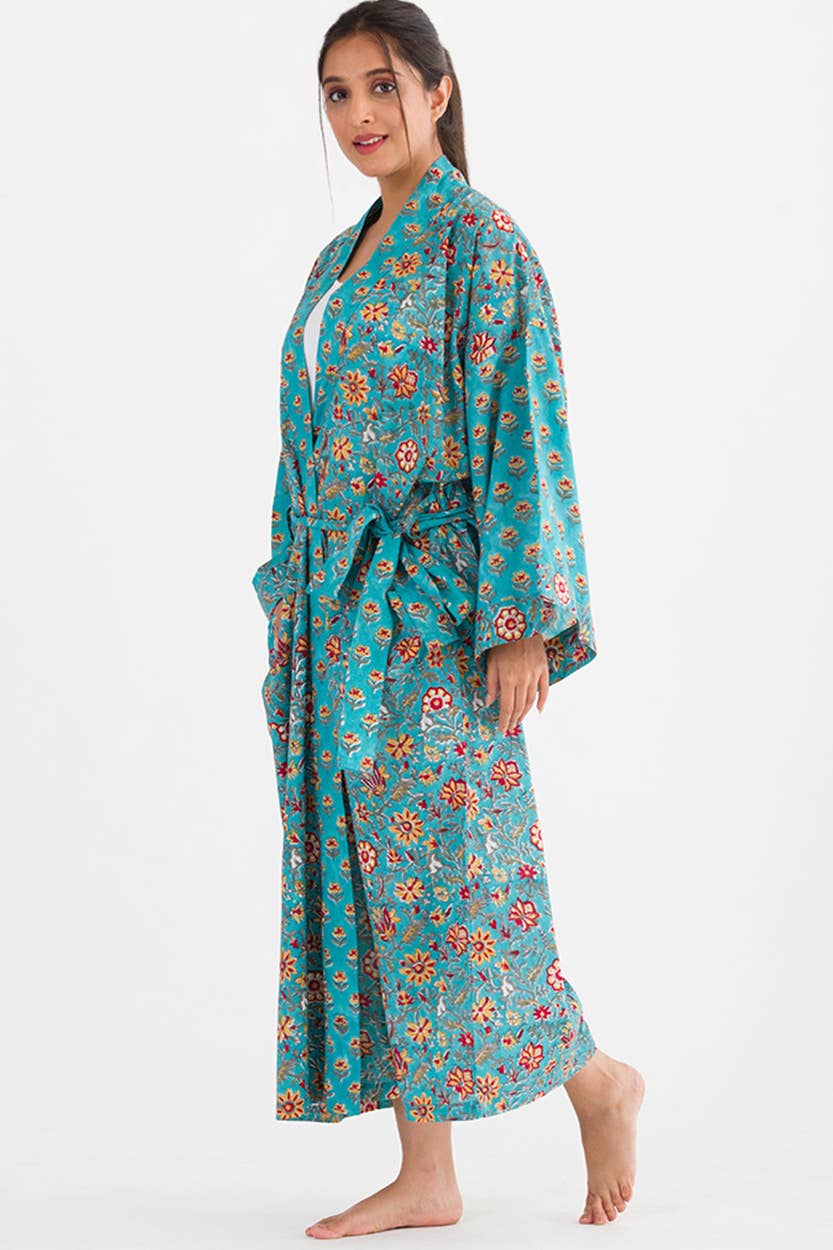 Sangita Block Print Kimono Robe - Turquoise & Gold