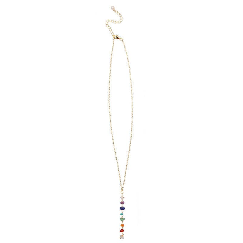 Full view of 7 Chakras Healing Necklace with adjustable yellow gold chain and vertical pendant of colorful chakra gemstones.