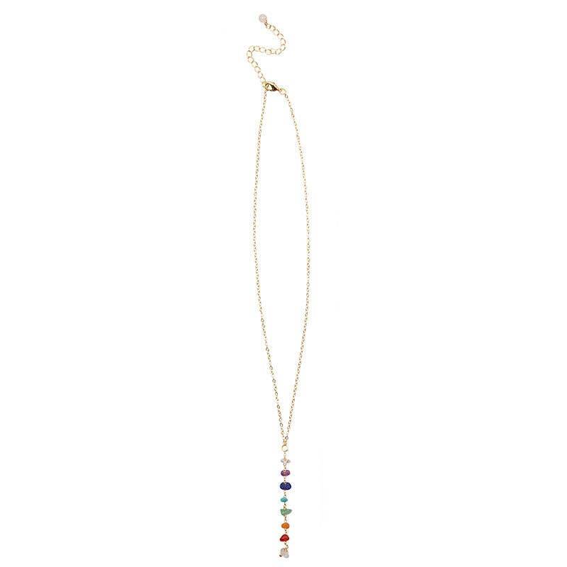 7 chakras healing necklace with gold chain and gemstones. Full view of 7 Chakras Healing Necklace with adjustable yellow gold chain and vertical pendant of colorful chakra gemstones.