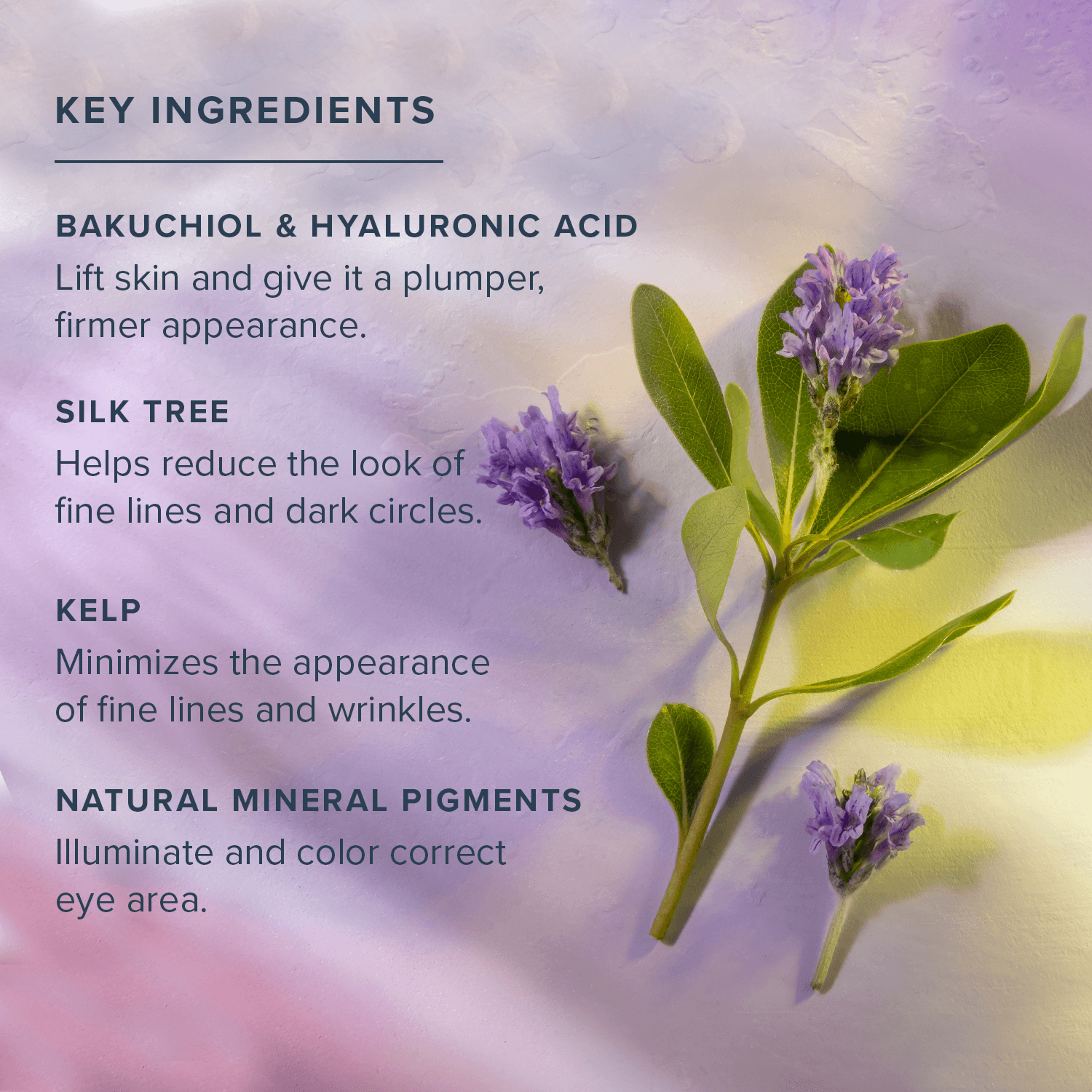 Key ingredients of Aura Glow Eye Cream include Bakuchiol, Hyaluronic Acid, Silk Tree, and Kelp for firming, brightening, and anti-aging effects.