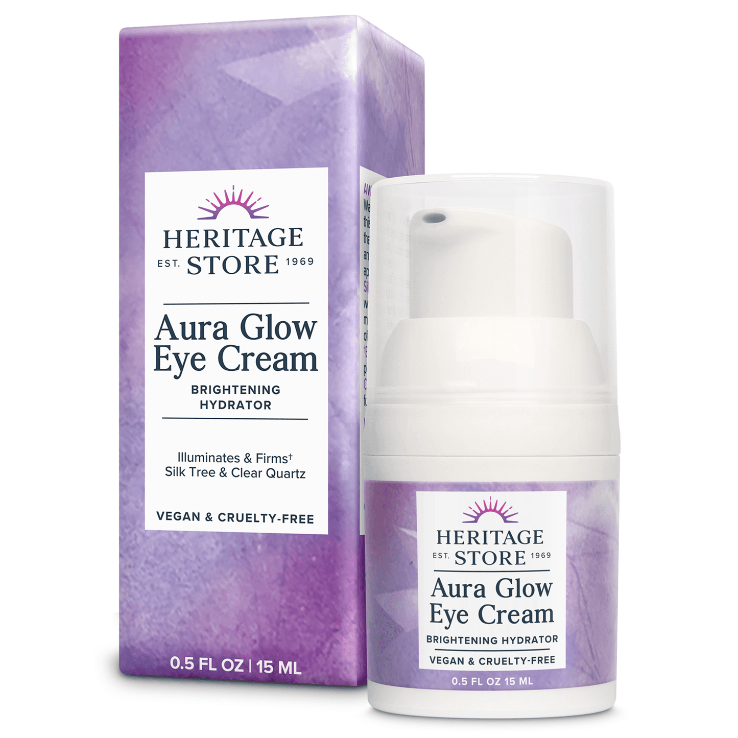 Aura Glow Eye Cream by Heritage Store in 0.5 fl oz pump bottle with box packaging. Brightening formula for dark circles and under-eye firming.