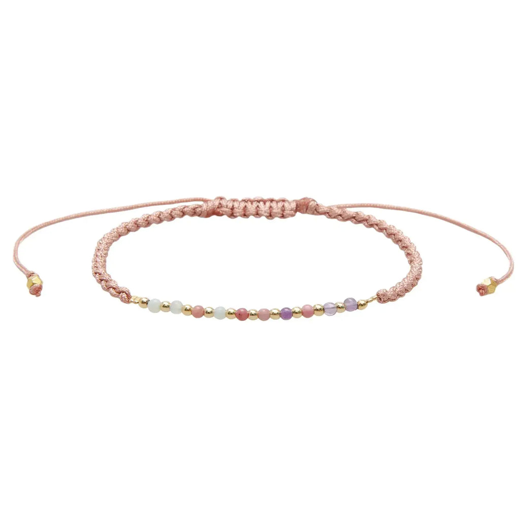 Savasana Namaste Yoga Bracelet on Dusty Pink Adjustable Cotton Cord with Green Amazonite, Purple Amethyst and Pink Rhodolite Beads highlighted with Yellow Gold Colored Beads
