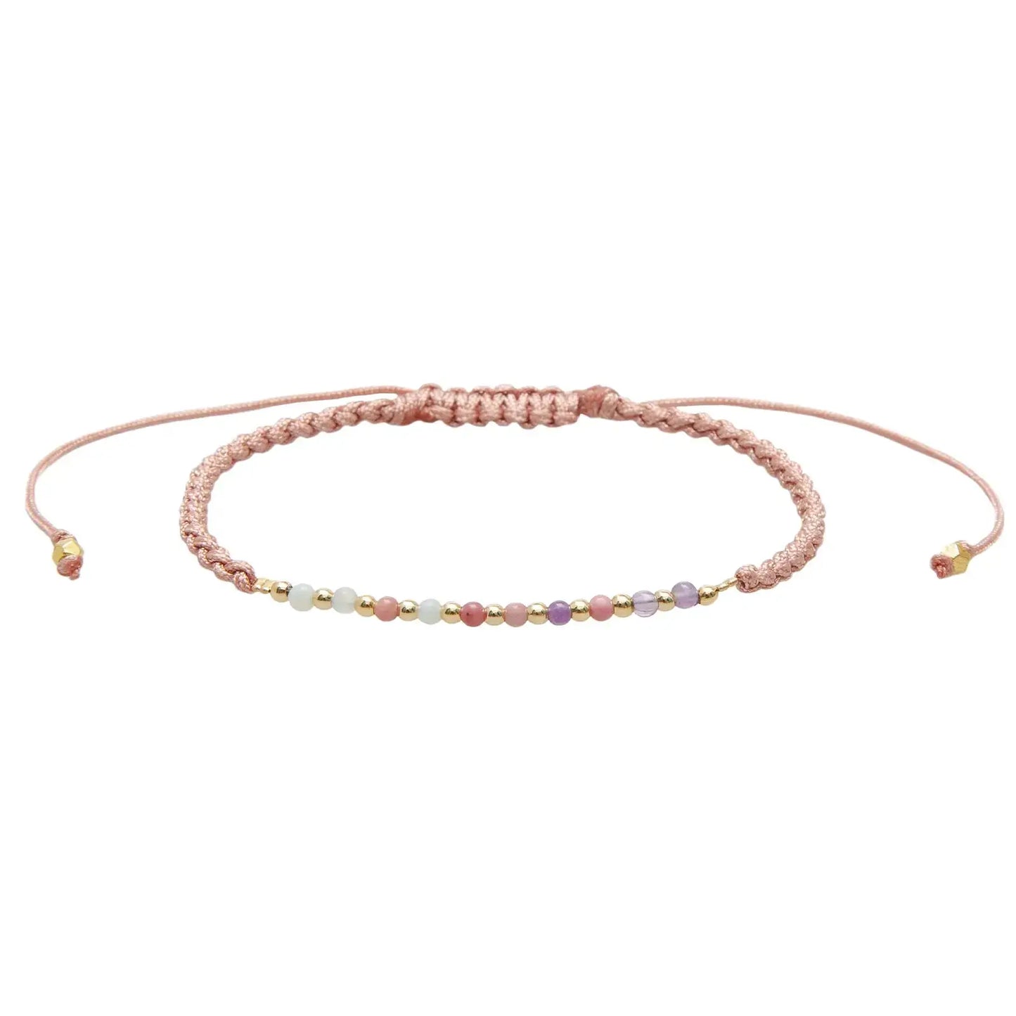 Savasana Namaste Yoga Bracelet on Dusty Pink Adjustable Cotton Cord with Green Amazonite, Purple Amethyst and Pink Rhodolite Beads highlighted with Yellow Gold Colored Beads