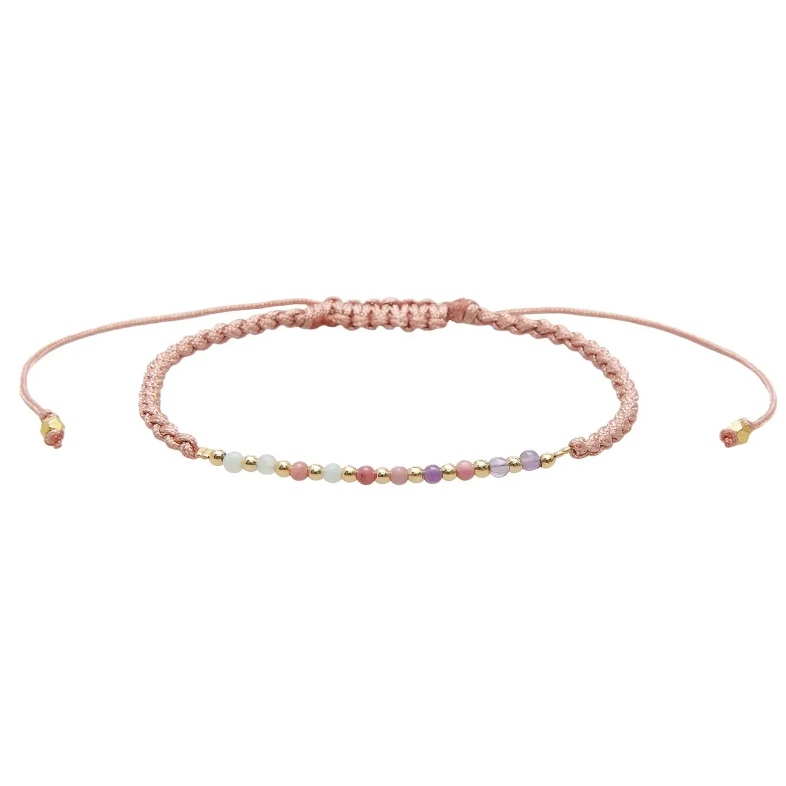 Savasana Namaste Yoga Bracelet on Dusty Pink Adjustable Cotton Cord with Green Amazonite, Purple Amethyst and Pink Rhodolite Beads highlighted with Yellow Gold Colored Beads