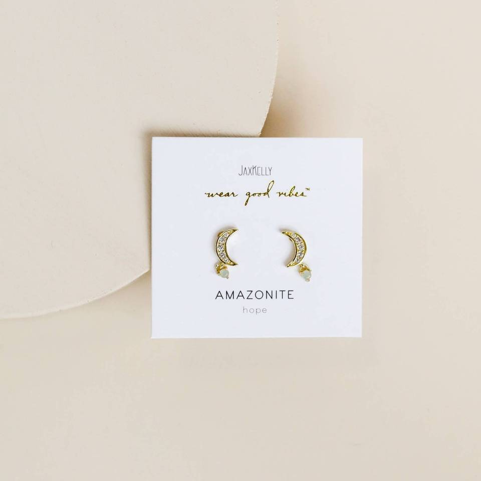 amazonite and yellow gold crescent moon dangle earrings with cz stones stud style moon earrings for by jaxkelly jewelry 