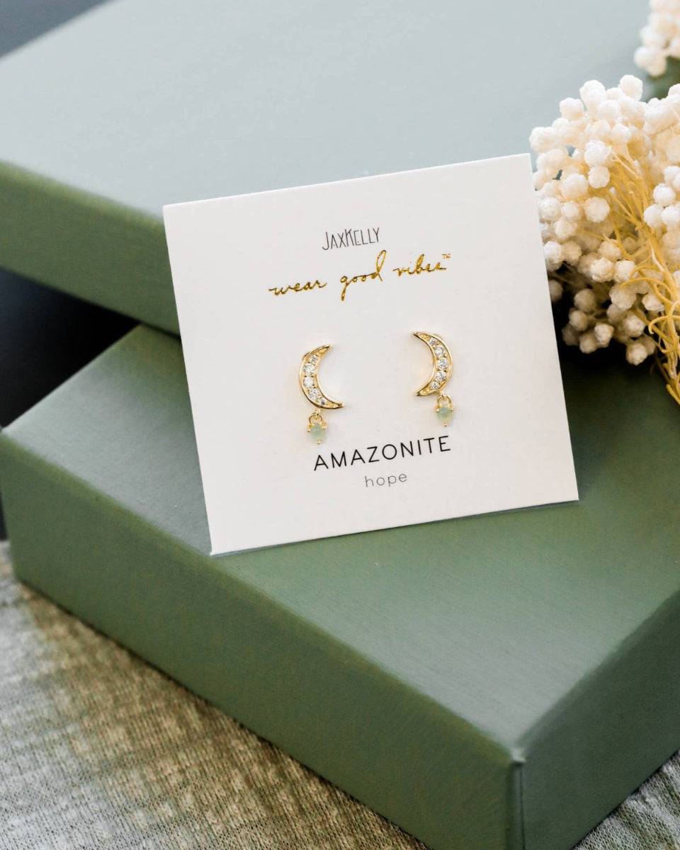 Amazonite and Gold Crescent Moon Dangle Earrings Jaxkelly 