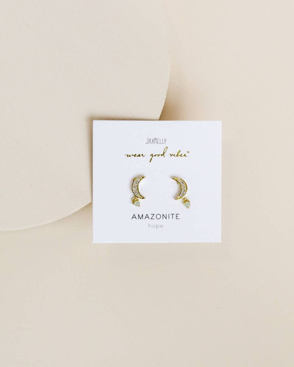 amazonite and yellow gold crescent moon dangle earrings with cz stones stud style moon earrings for by jaxkelly jewelry 
