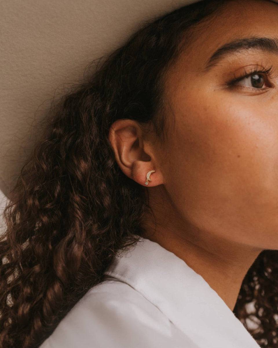 Amazonite and Gold Crescent Moon Dangle Earrings on model