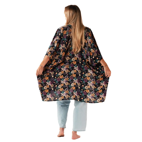 Back view of Lotus and Luna Pattaya Black Floral Kimono
