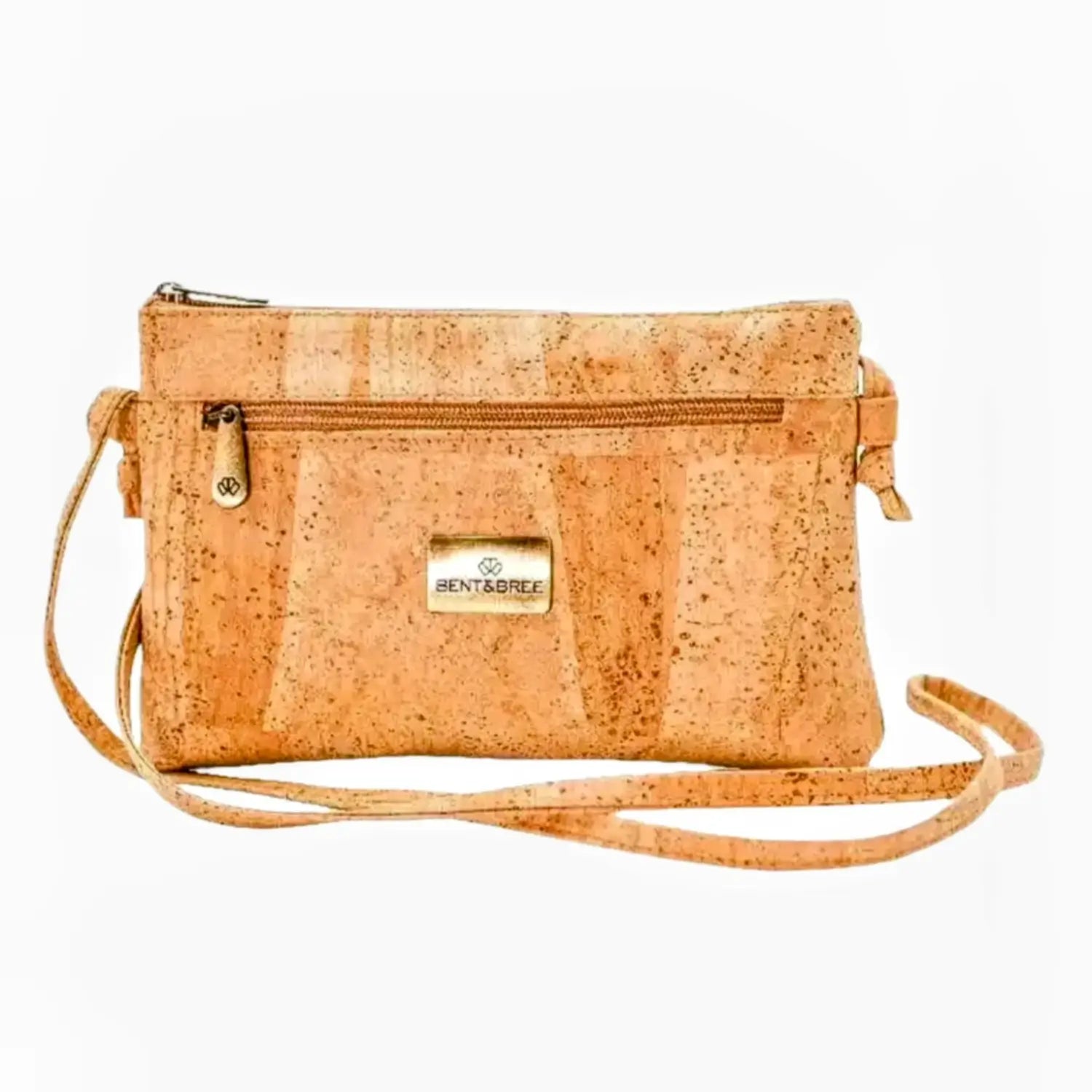 natural colored cork crossbody bag with front zippered pocket, zippered top and long shoulder strap
