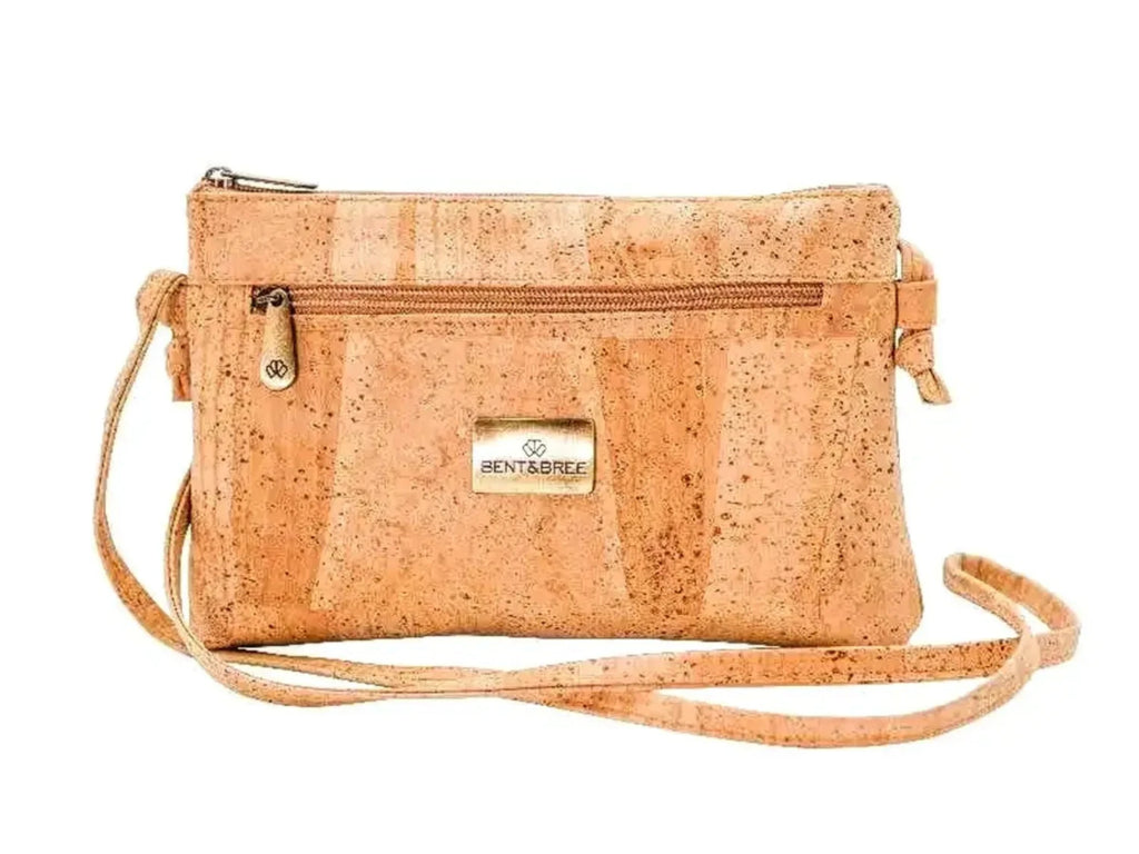 Bent&Bree Iris Cork Crossbody in Natural with front zip pocket.