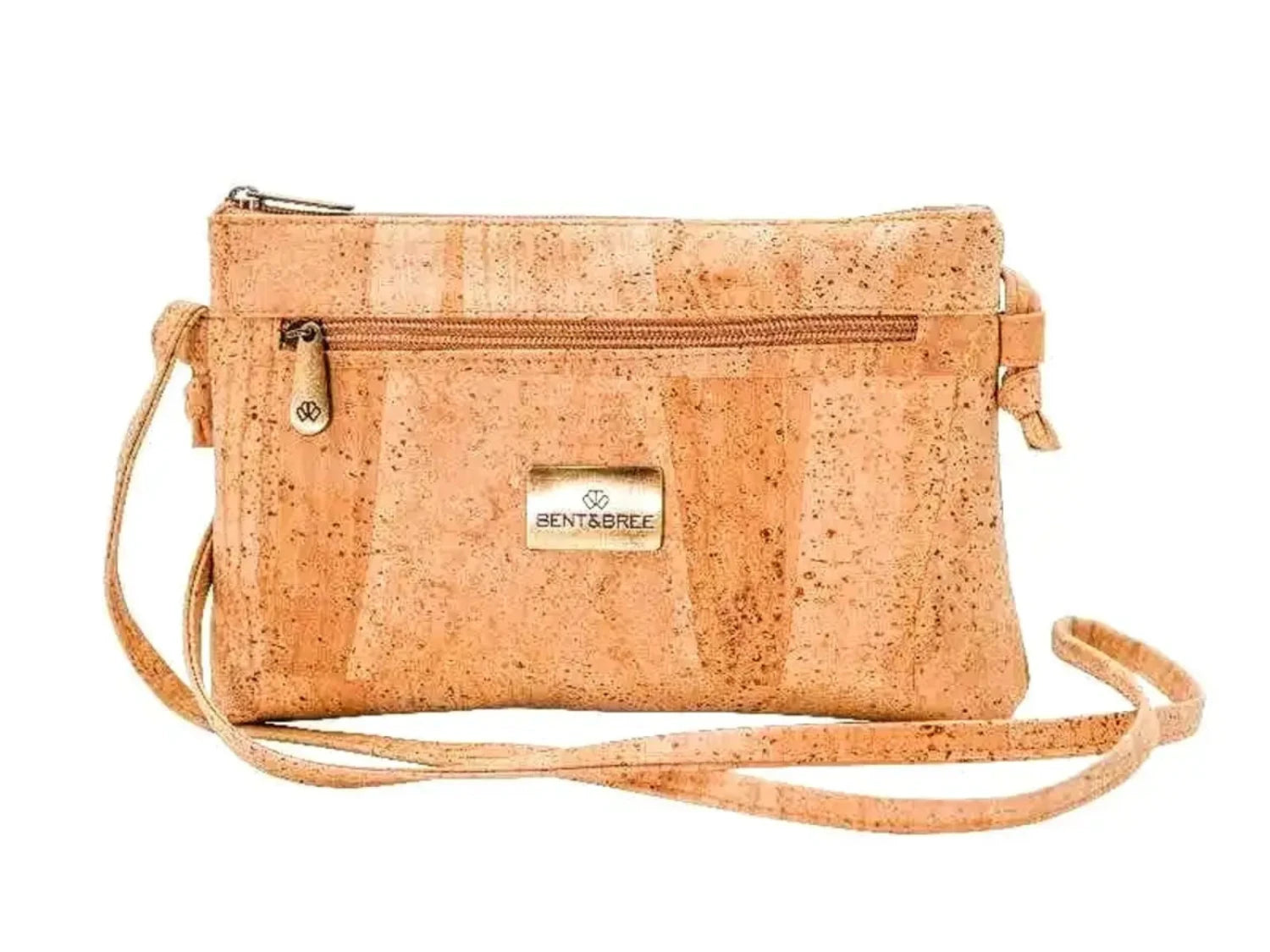 Bent&Bree Iris Cork Crossbody in Natural with front zip pocket.