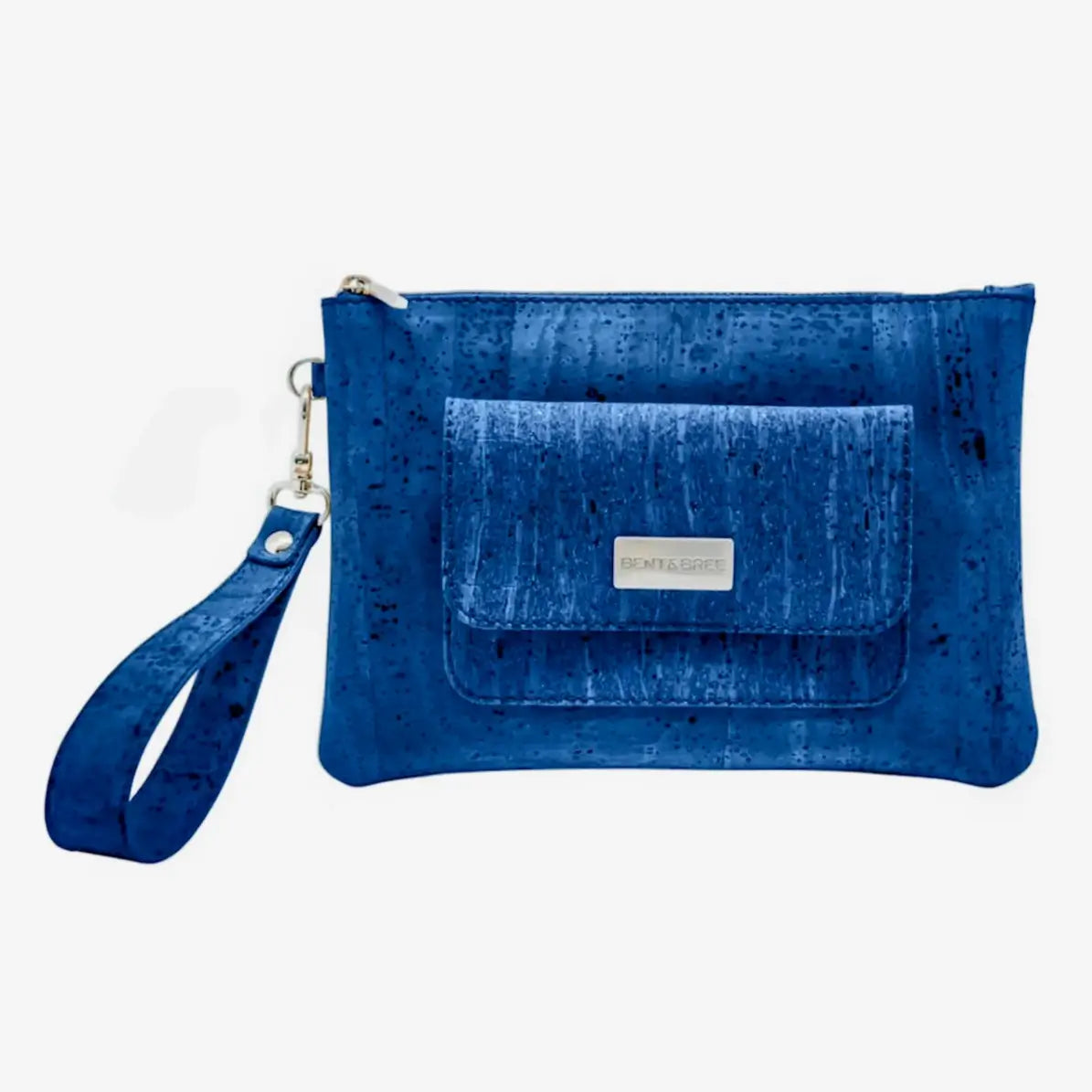 Blue clutch bag with a strap on a white background