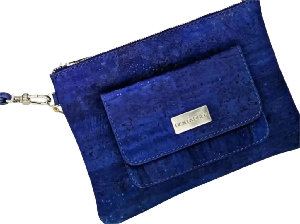 The Bent and Bree Leia Vegan Cork Clutch Wallet in Navy Blue metal zippered closure, outer magnetic snap pocket, removable wristlet strap