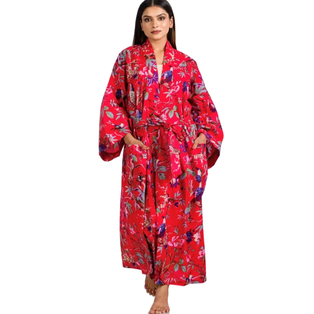 Birds of Paradise Red Kimono Robe - Women's Long Cotton Robe – Elle and ...