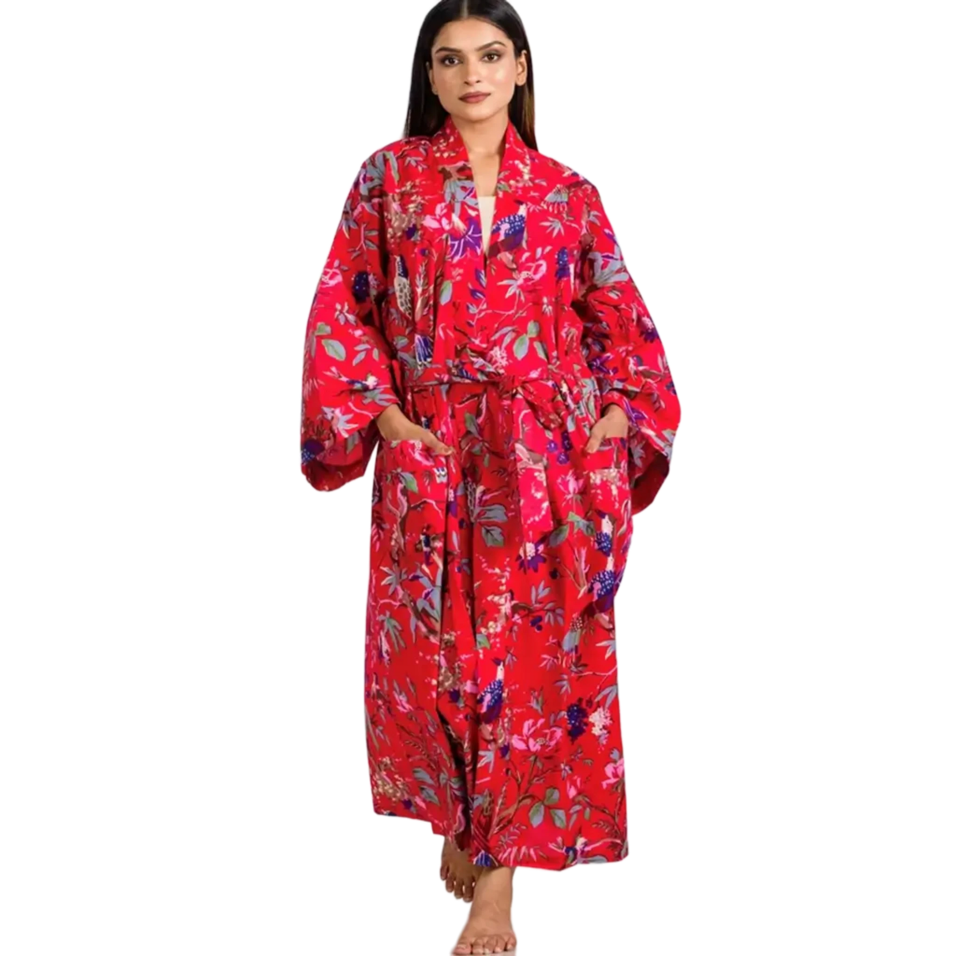 woman wearing the birds of paradise red kimono robe by sevya handmade