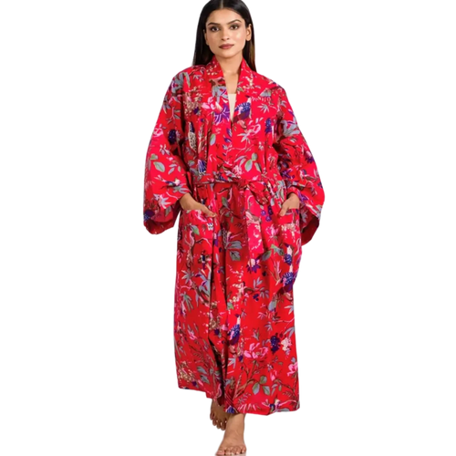 woman wearing the birds of paradise red kimono robe by sevya handmade