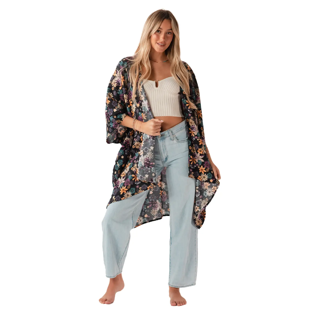 Black and magenta floral Pattaya Kimono top from Lotus and Luna 