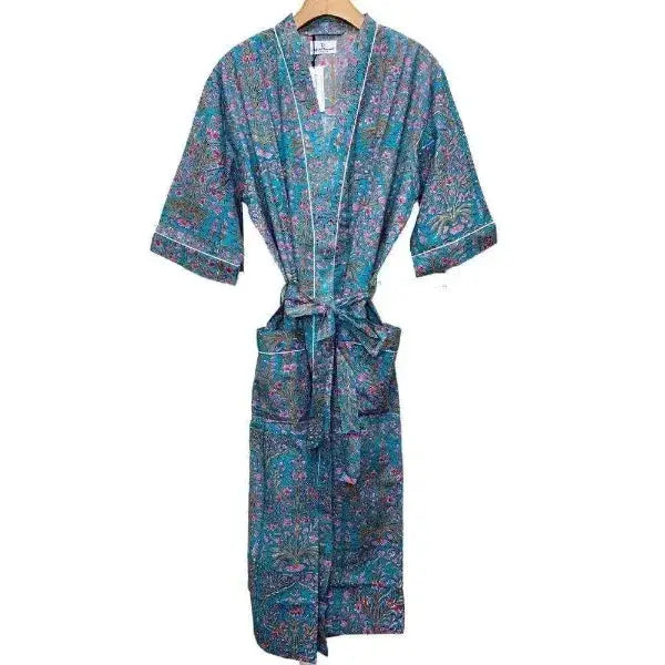 Blue Floral Block Printed Kimono Robe | The Fox and the Mermaid
