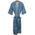 Blue Floral Block Printed cotton Kimono Robe with front pockets and tie front belt | The Fox and the Mermaid