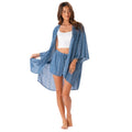 three quarter sleeve striped women's kimono cover up in blue with white tribal stripes