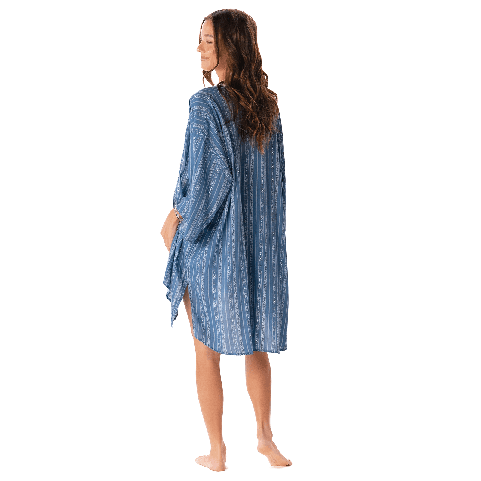 Blue Striped Kimono Cover up - 3/4 Sleeve Striped Kimono Cardigan with flowy fit and bohemian design, ideal for beachwear or swimwear layering.