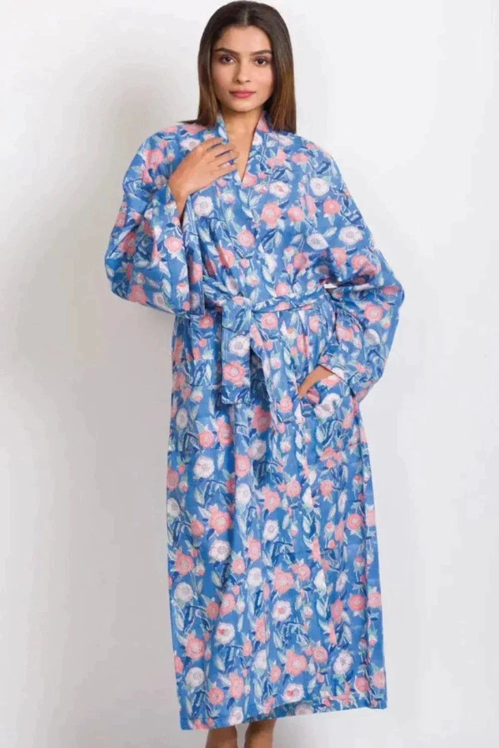Blue Floral Cotton Long Kimono Robe from Sevya Handmade