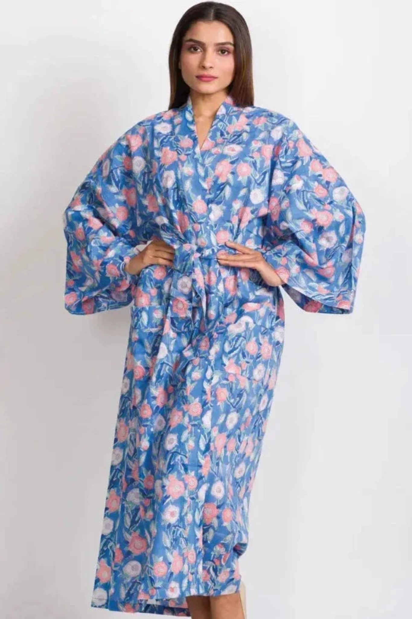 Blue Floral Long Kimono Robe in Soft Cotton by Sevya