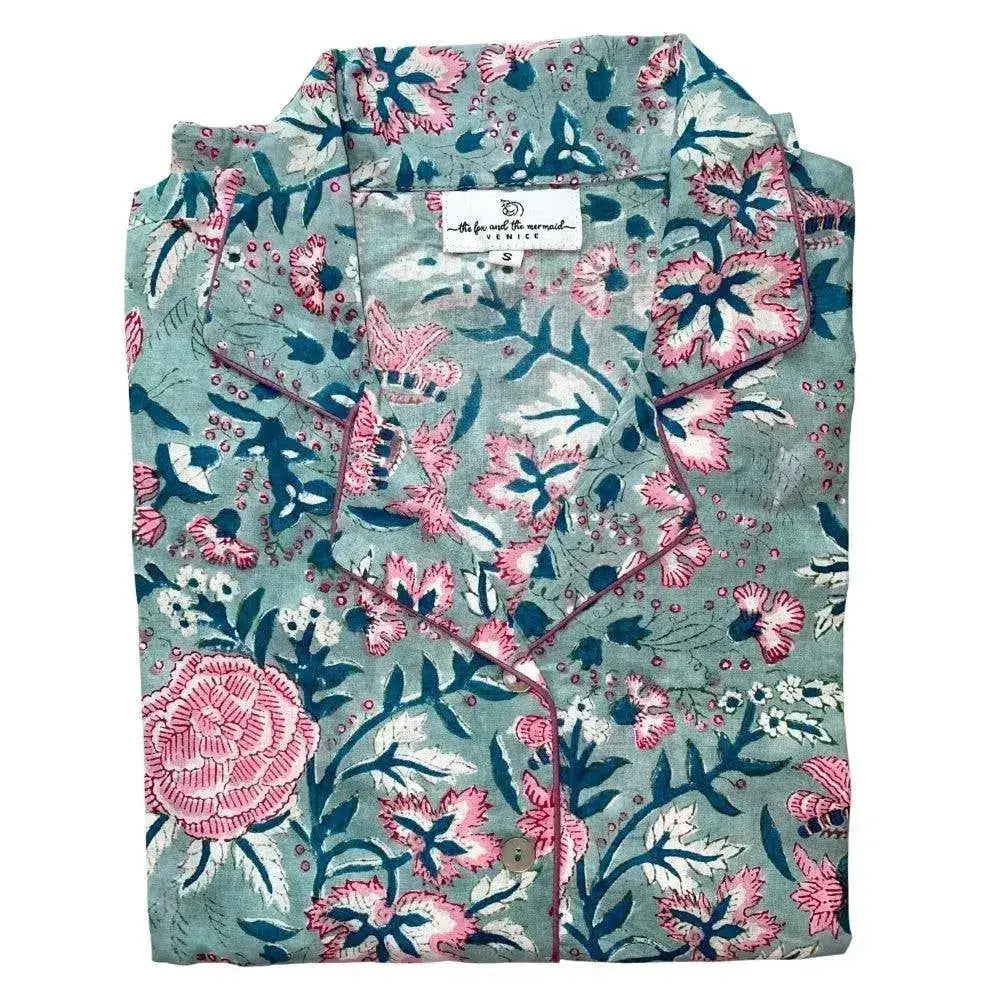 Block Printed Blue Floral women's button front pajama top-set includes top, pants and matching gift bag.