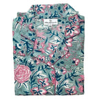 Block Printed Blue Floral women's button front pajama top-set includes top, pants and matching gift bag.